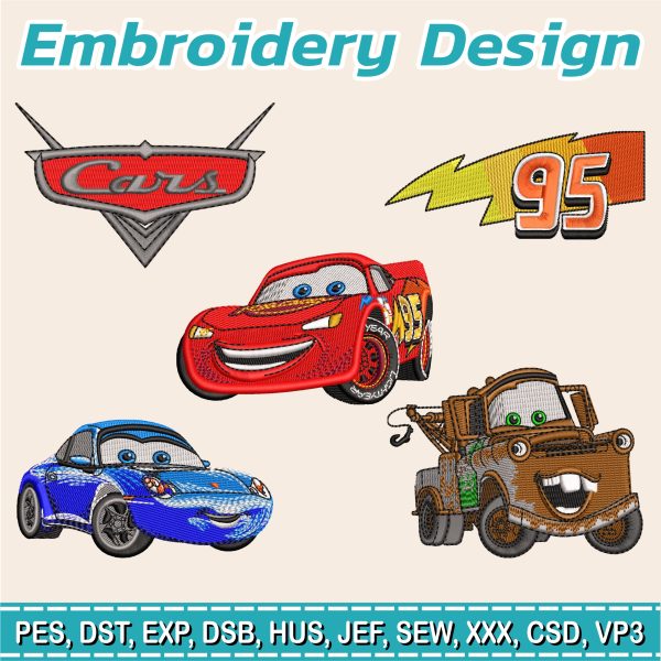 5 in 1 Design to embroider, Cars mate sally from the movie cars each design in 4 sizes