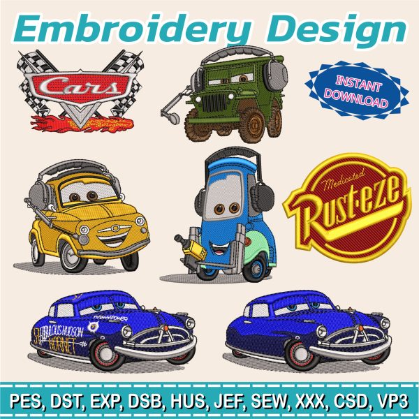 7 en 1 Diseño para bordar / Cars / Doc Hudson / Guido / Luigi / Sargento Cars / Rusteze / 4 Inches / 10cm