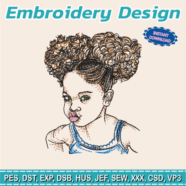 Embroidery Designs / Faces of an African American girl in outlined few stitches