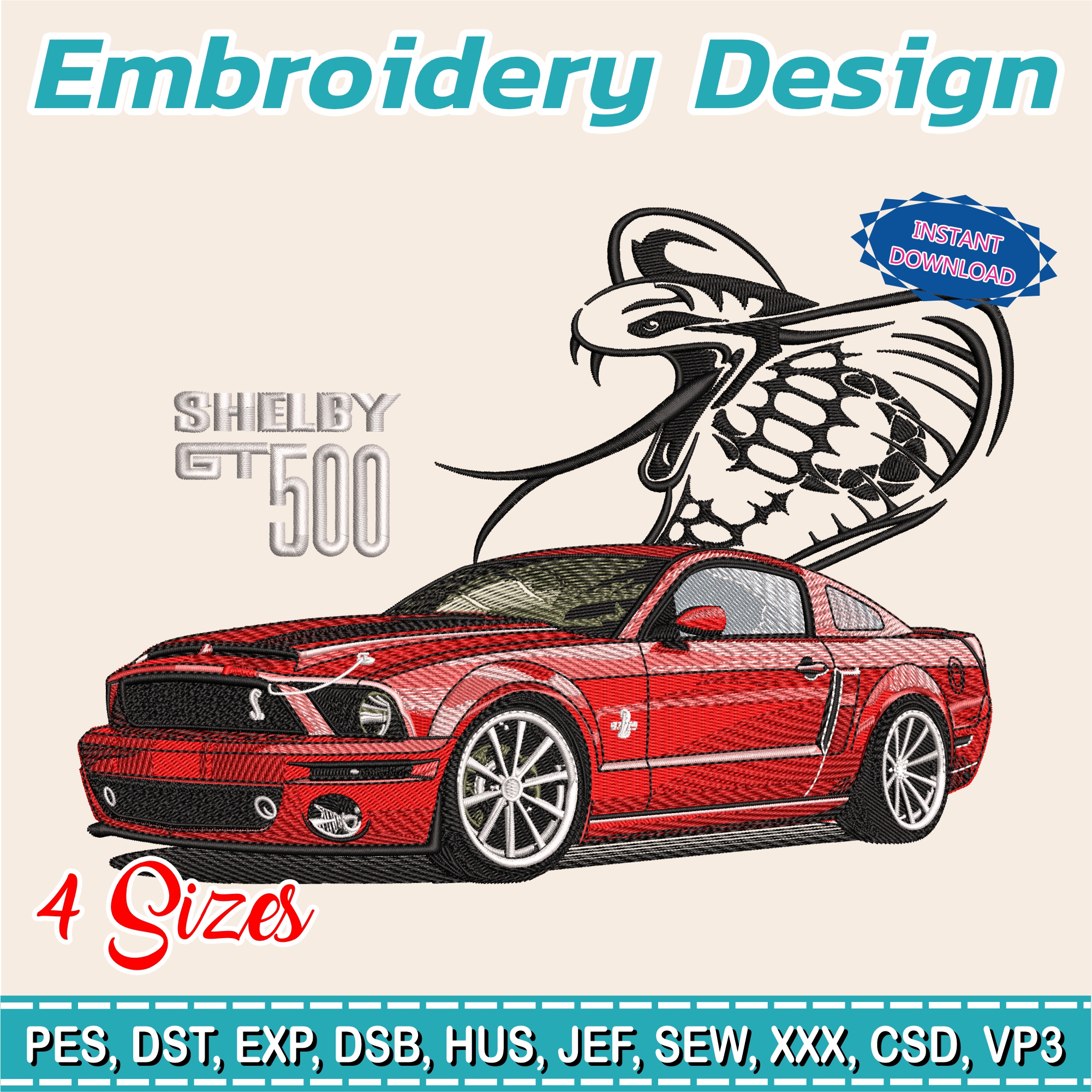 Embroidery Design / Shelby GT500 / Ford mustang shelby / 4 Different Sizes