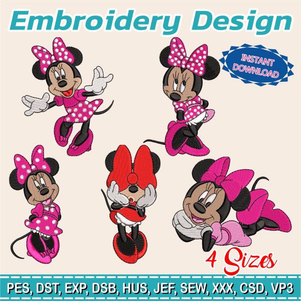 5 in 1 Design to embroider, minnie mouse, minnie mouse embroidery, minnie mous design pack