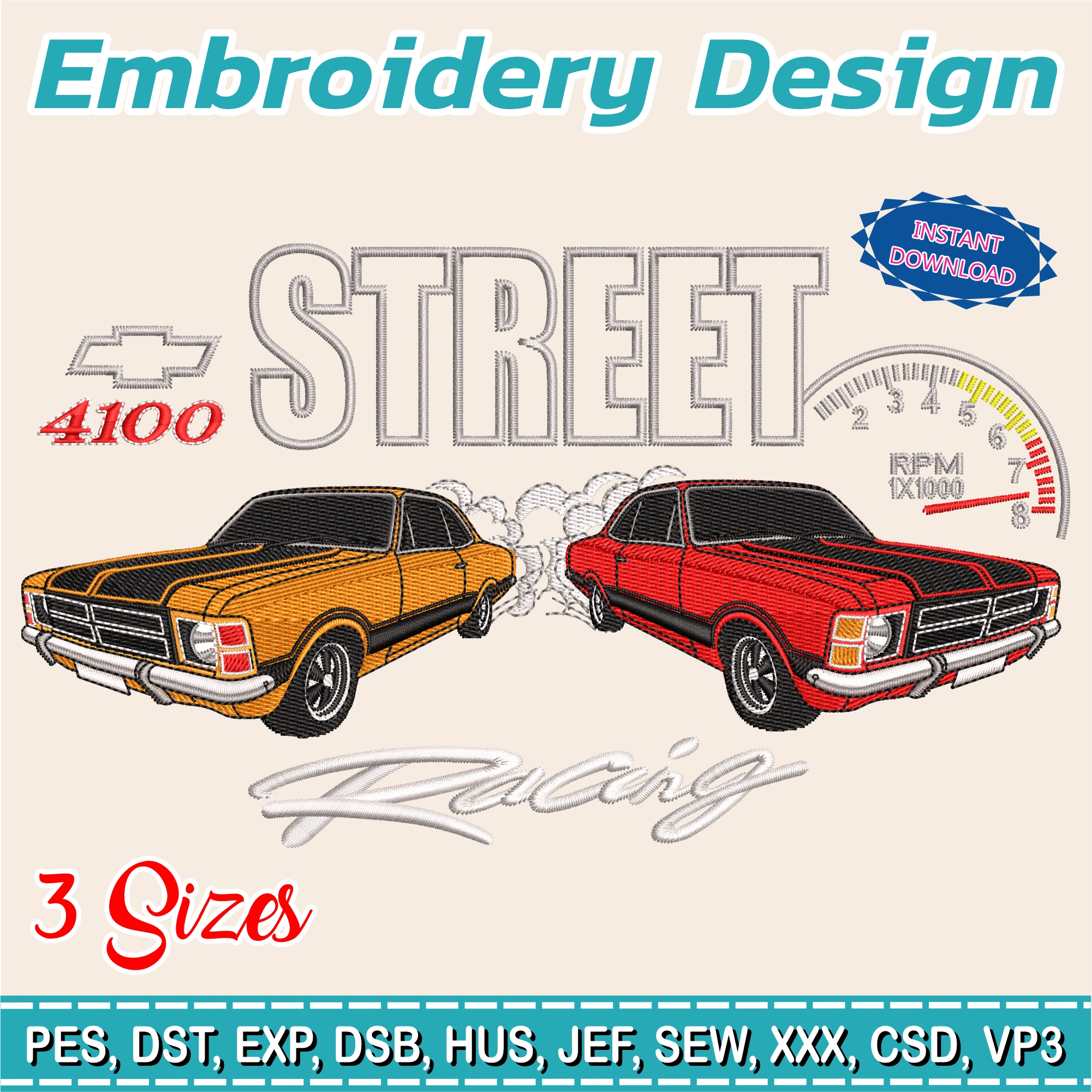 Embroidery Design / STREET RACING / Chevrolet / 3 Different Sizes /