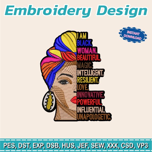 Embroidery Designs / face of African American women / crown / Latin women / BEAUTIFUL / POWERFUL / INTELLIGENT / Love