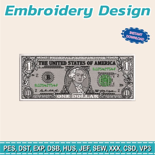 Diseño para bordar / Billete de 1 dólares /