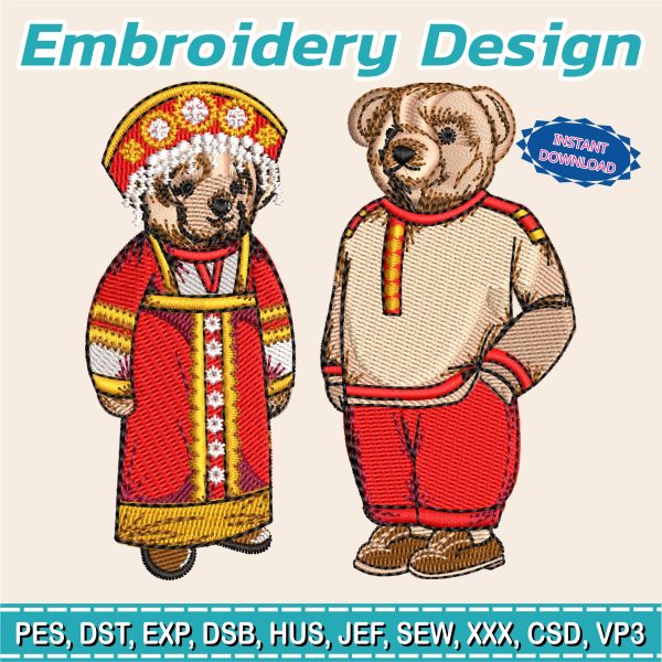 Embroidery Design / beautiful bears / fashionable bears / well dressed bears 6 sizes / Typical Russian clothing