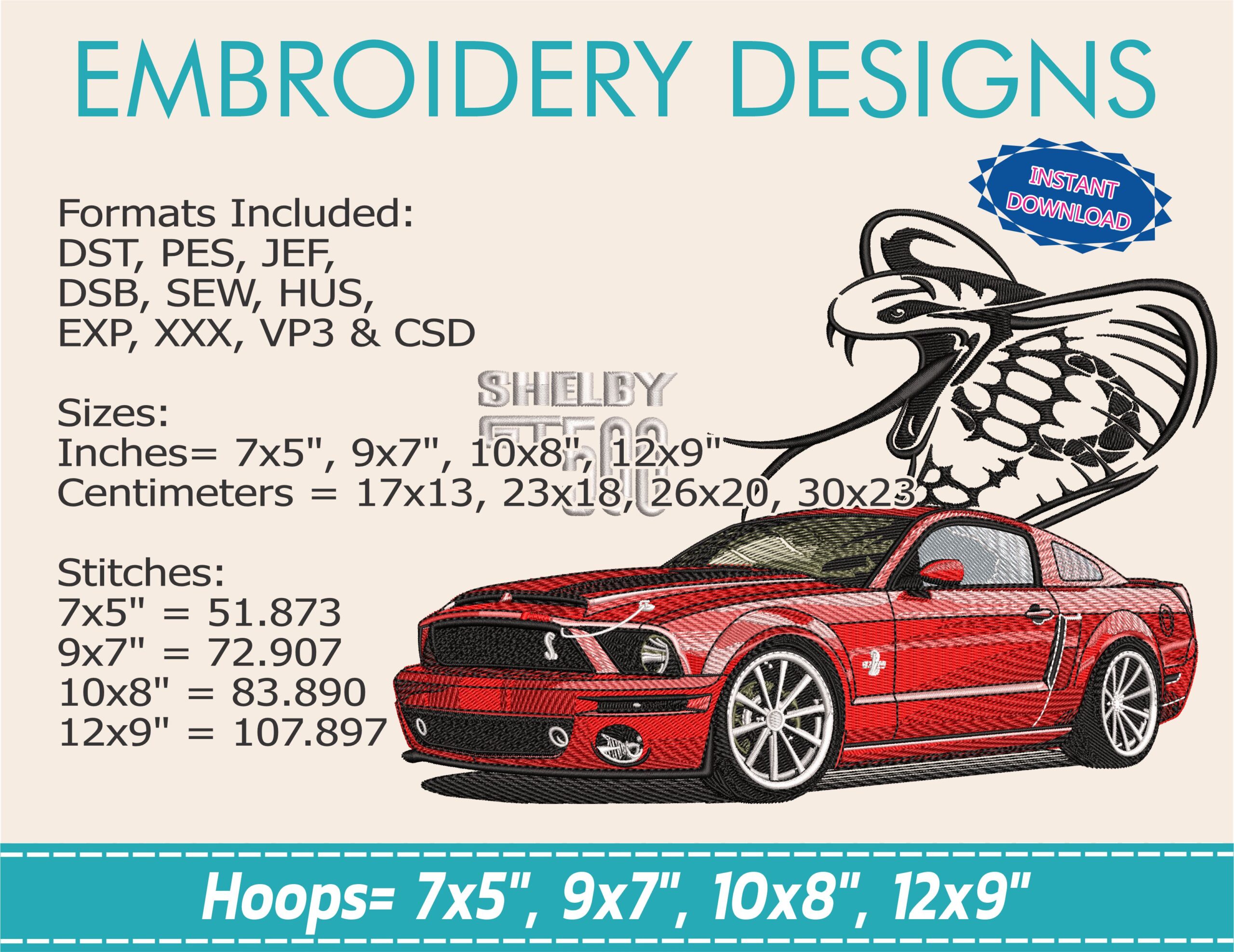 Embroidery Design / Shelby GT500 / Ford mustang shelby / 4 Different Sizes - Image 5