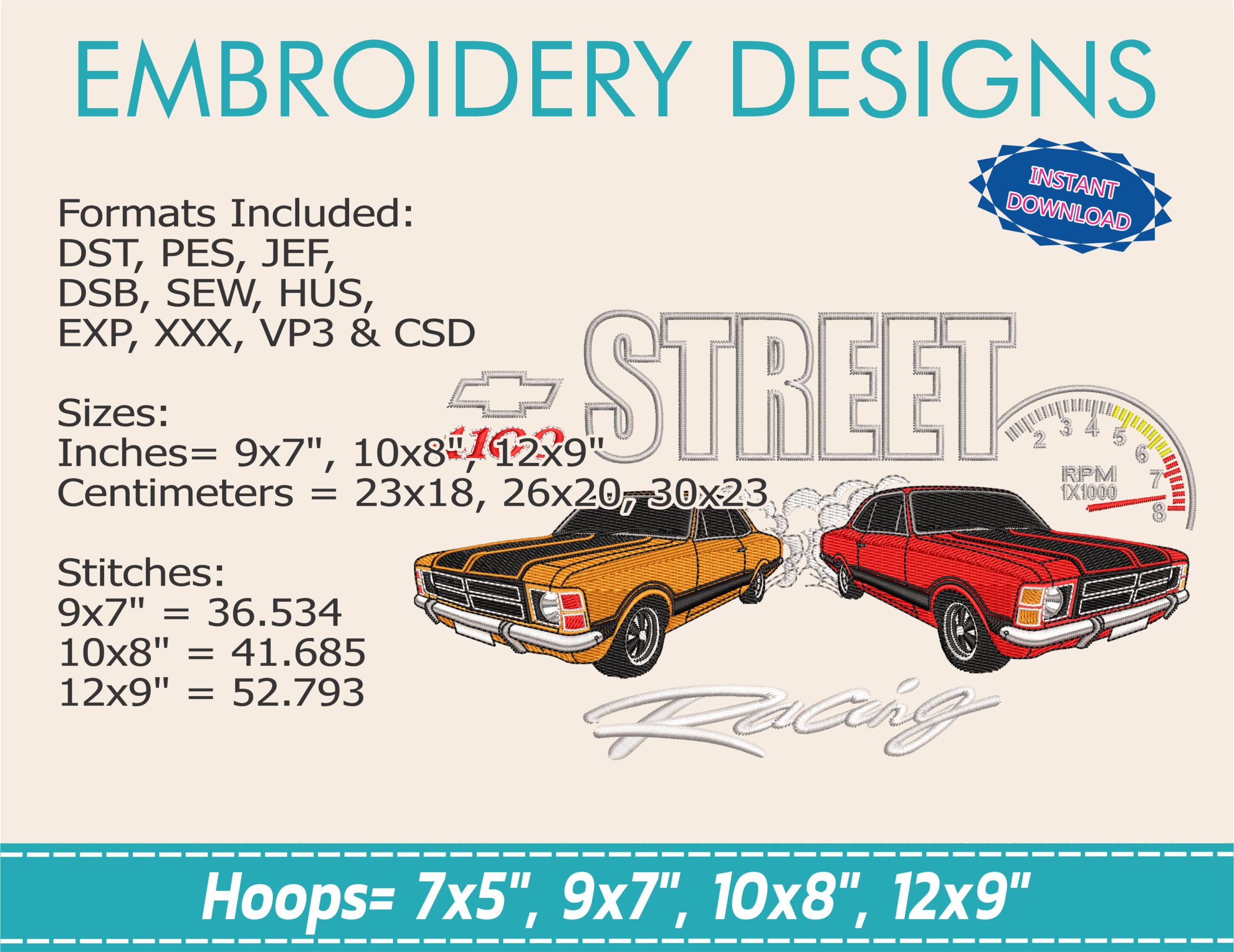 Embroidery Design / STREET RACING / Chevrolet / 3 Different Sizes / - Image 2