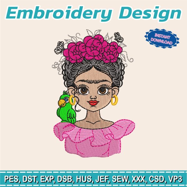 Embroidery design / frida Kahlo / flowers / mexico / day of the dead loro