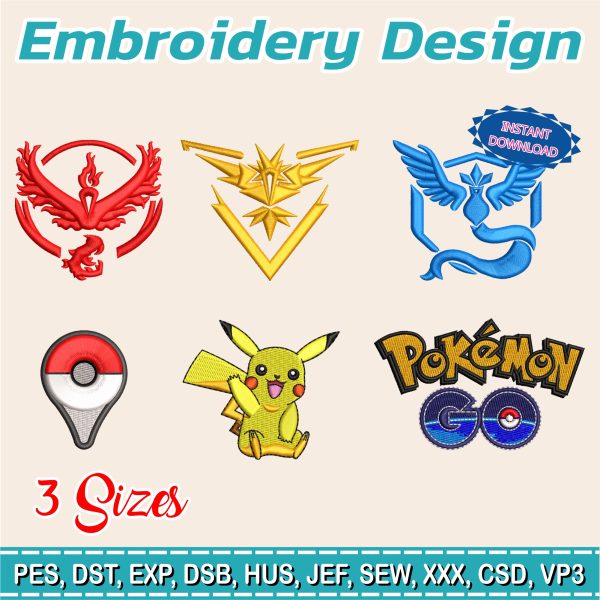 6 in 1 Design to Embroider Pokémon Go, Pikachu, Pokeball, Elements