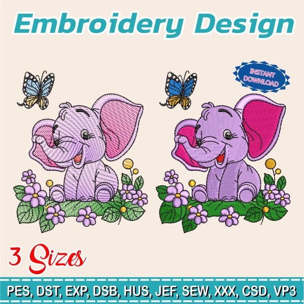 Embroidery design / Baby Elephant / baby shower gift / baby arrival / elephant with butterflies /