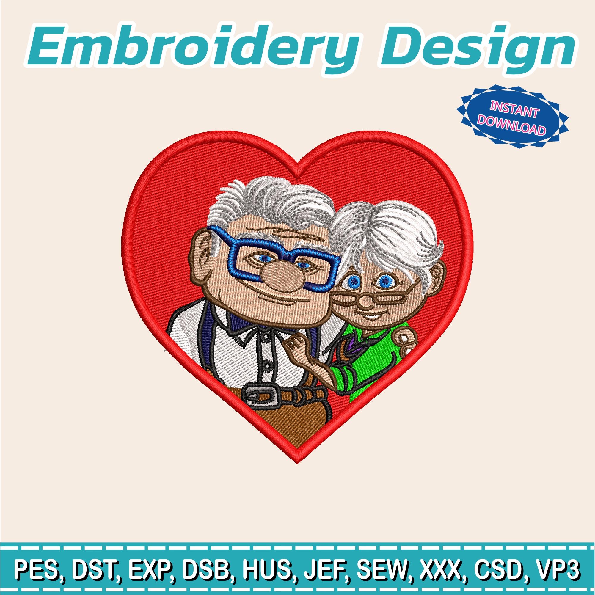 Embroidery Designs, Couple of grandparents from the Movie UP/ a high adventure / Carl Fredricksen and Ellie Fredricksen/ anniversary