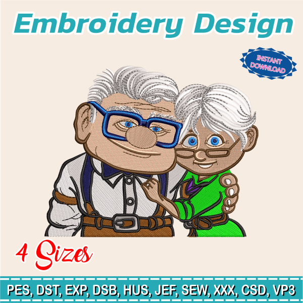 Embroidery Designs, Couple of grandparents from the Movie UP/ a high adventure / Carl Fredricksen and Ellie Fredricksen/