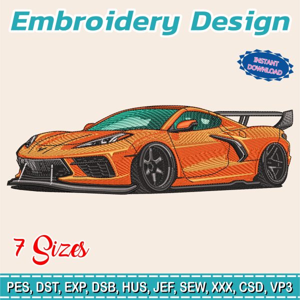 Embroidery Design / CORVETTE C8 / sports car / 7 Different Sizes / INSTANT Download / Car Design / Embroidery file has been tested