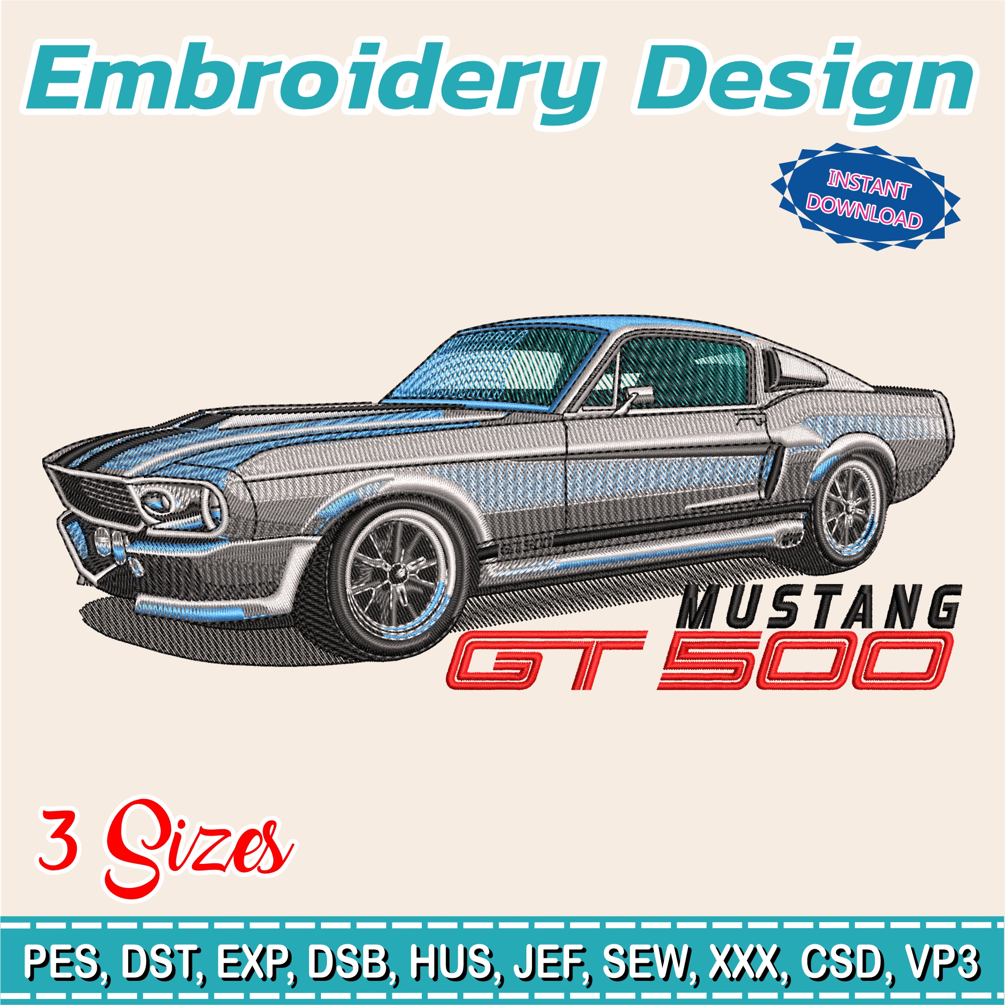 Embroidery Design / mustang gt500 eleanor / 5 Different Sizes / INSTANT Download / Car Design / Embroidery file has been tested