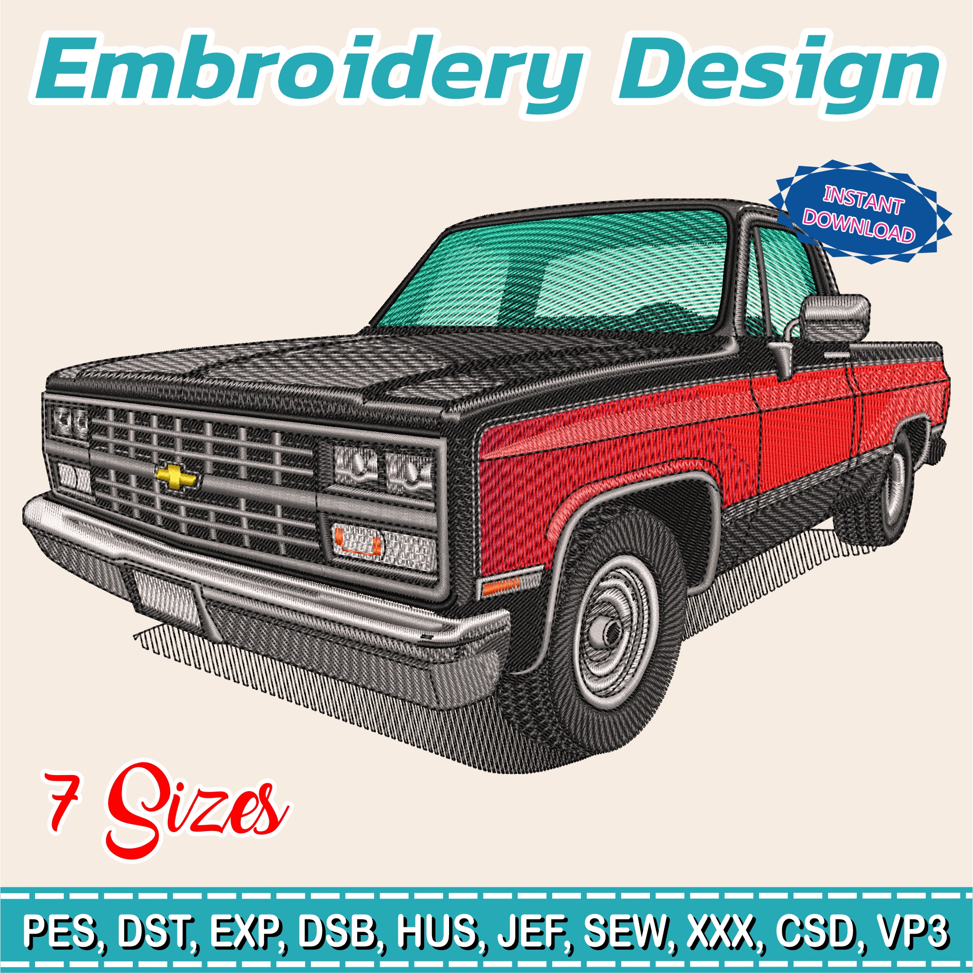 Embroidery Design / 87's chevy c10 silverado / 7 Different Sizes / INSTANT Download / Car Design / Embroidery file has been tested