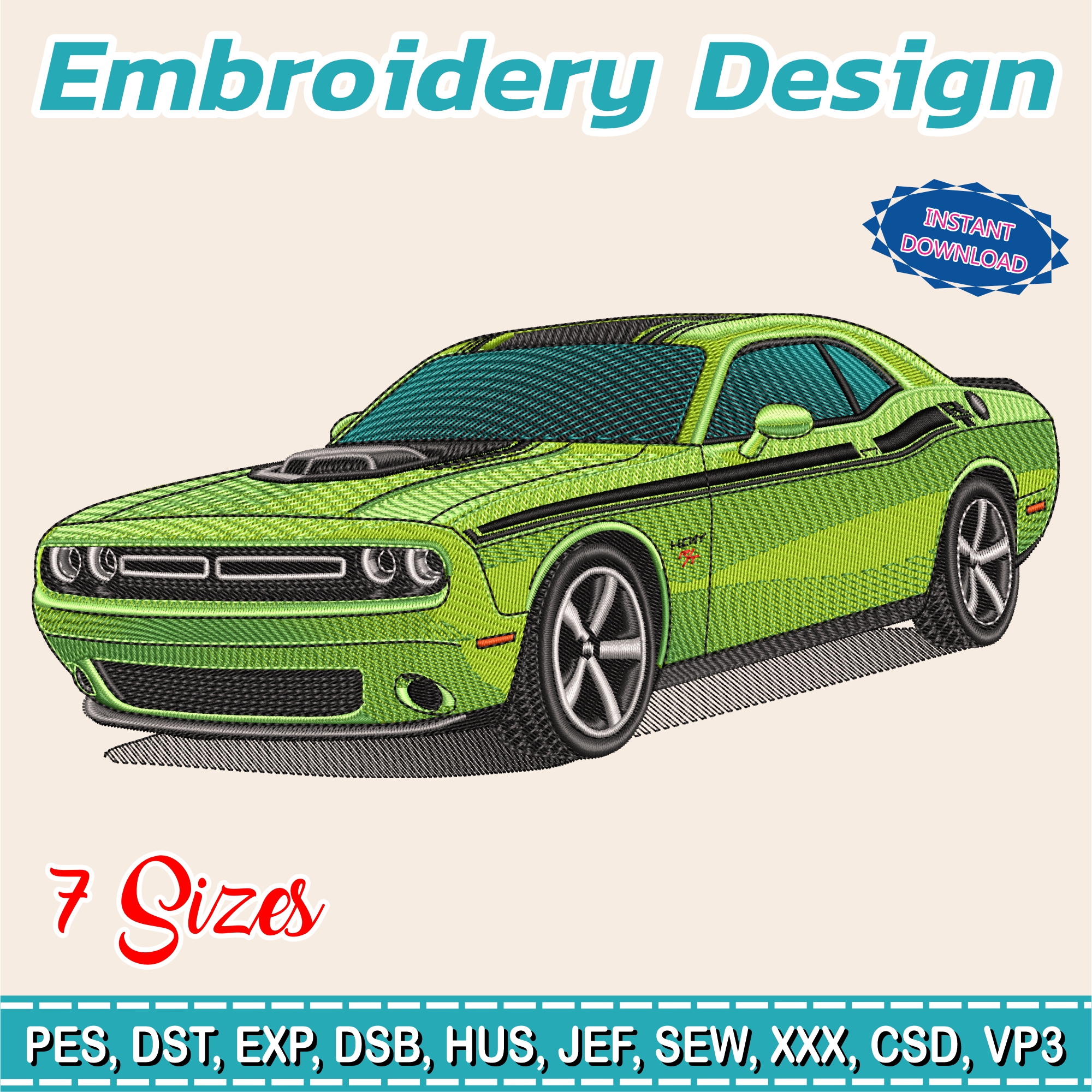 Embroidery Design / Dodge 2015 Challenger R-T / 7 Different Sizes / INSTANT Download / Car Design / Embroidery file has been tested