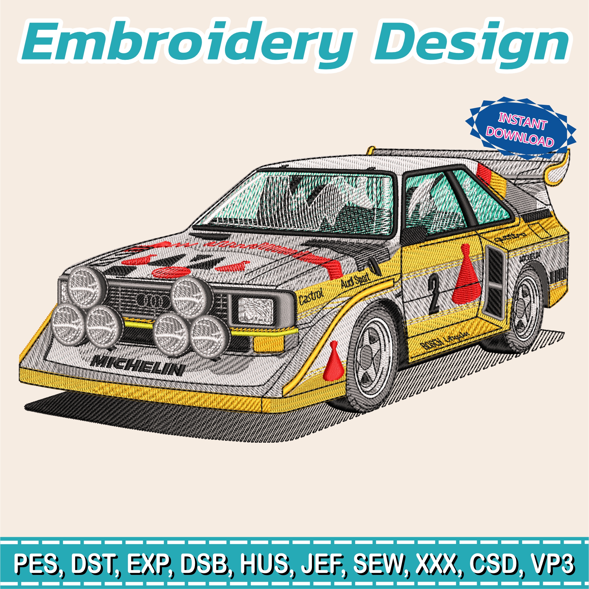 Embroidery Design / Audi Sport Quattro S1 Rally / sports car / INSTANT Download / Car Design / Embroidery file has been tested