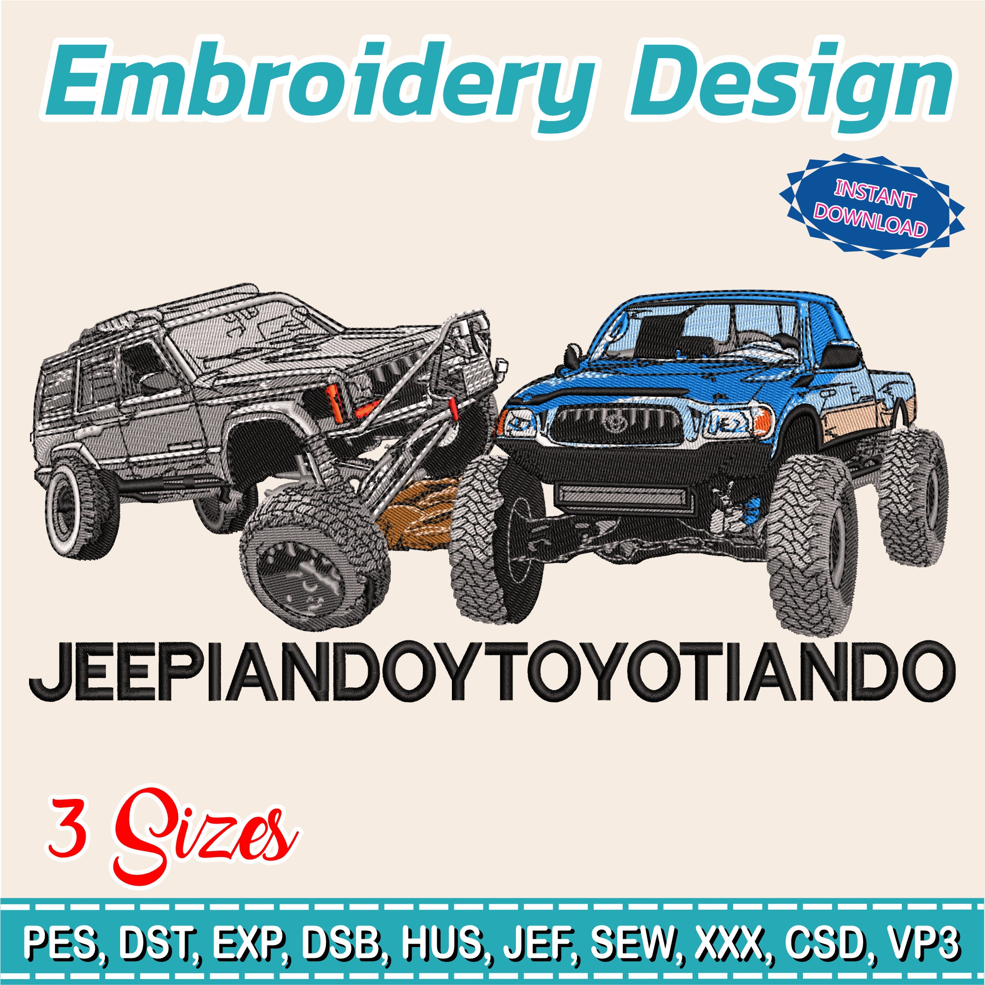 Embroidery Design / Jeep Toyota / 3 Different Sizes / INSTANT Download / Car Design / Embroidery file has been tested