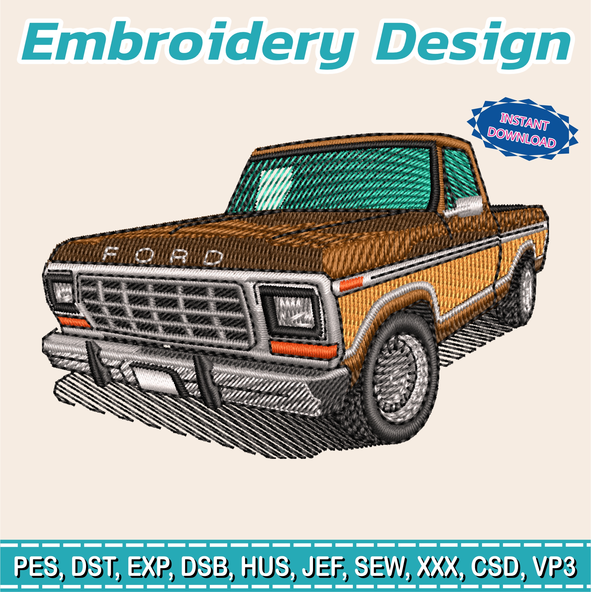 Embroidery Design / Old brown Ford pickup truck / INSTANT Download / Car Design / Embroidery file has been tested