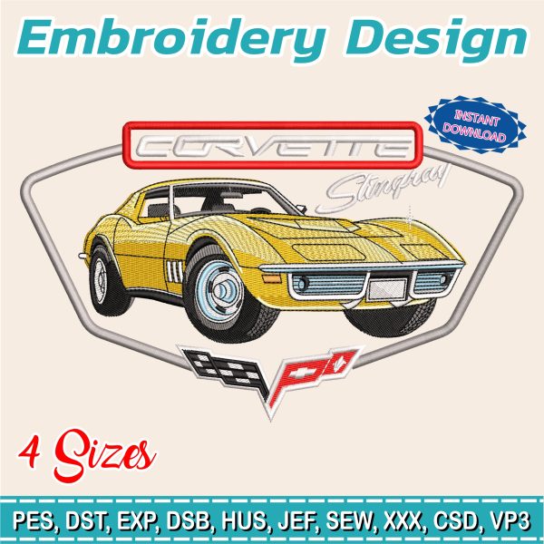 Embroidery Design / 1968 Corvette 427 Coupe Daytona / 4 Different Sizes / INSTANT Download / Car Design / Embroidery file has been tested