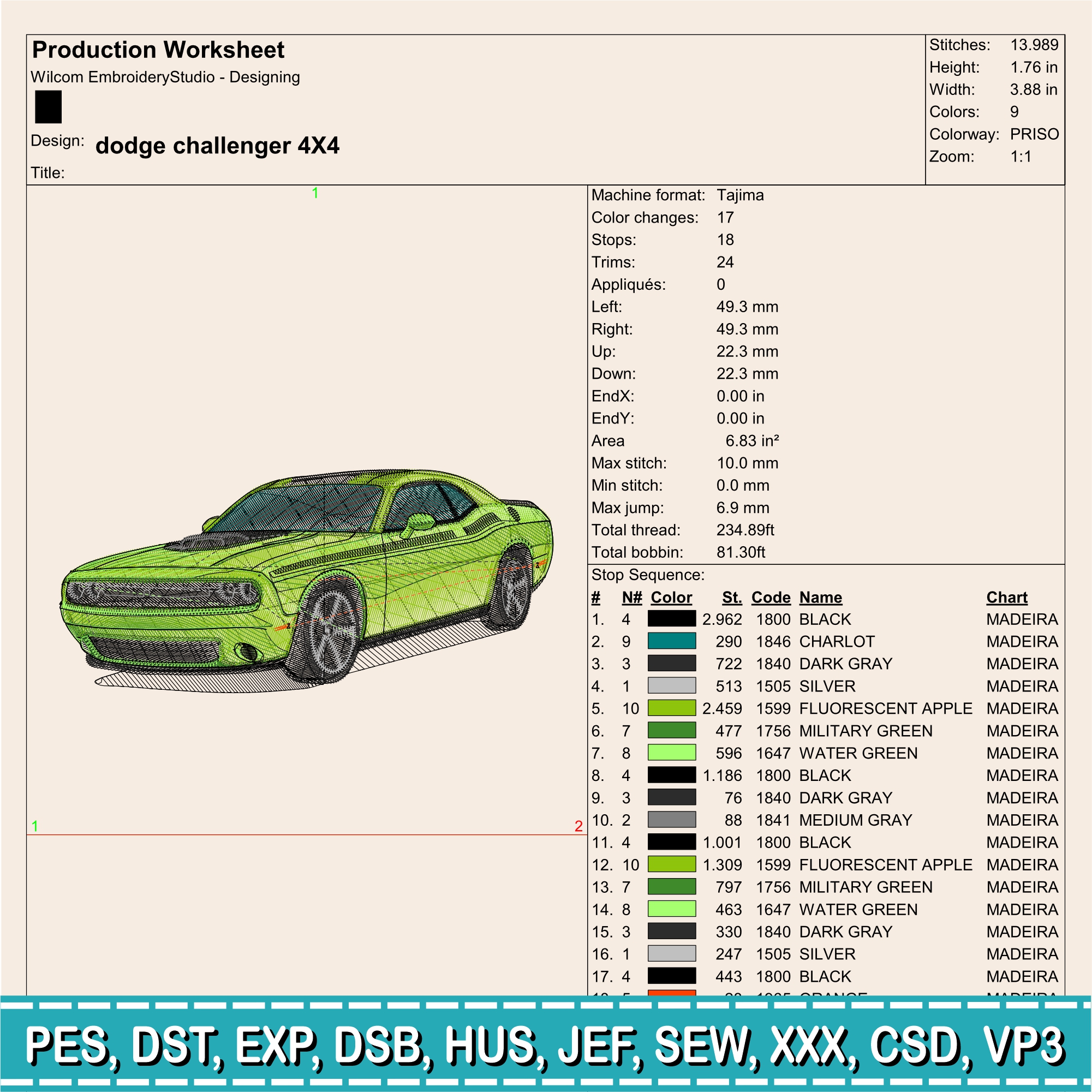 Embroidery Design / Dodge 2015 Challenger R-T / 7 Different Sizes / INSTANT Download / Car Design / Embroidery file has been tested - Image 2