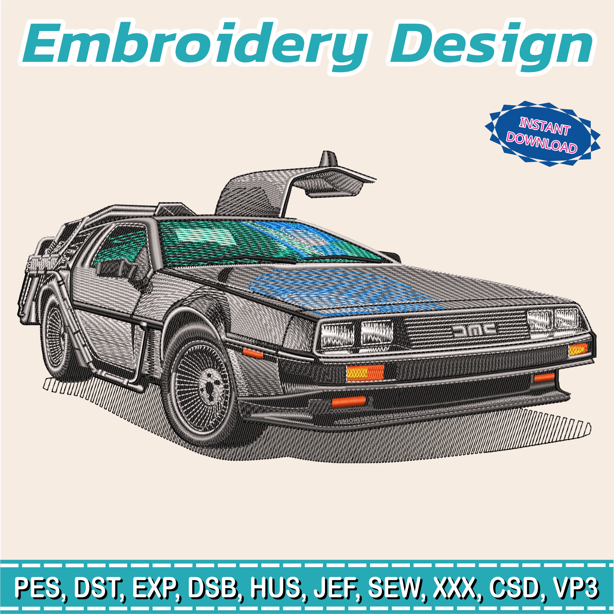 Embroidery Design / DeLorean / sports car / INSTANT Download / Car Design / Embroidery file has been tested