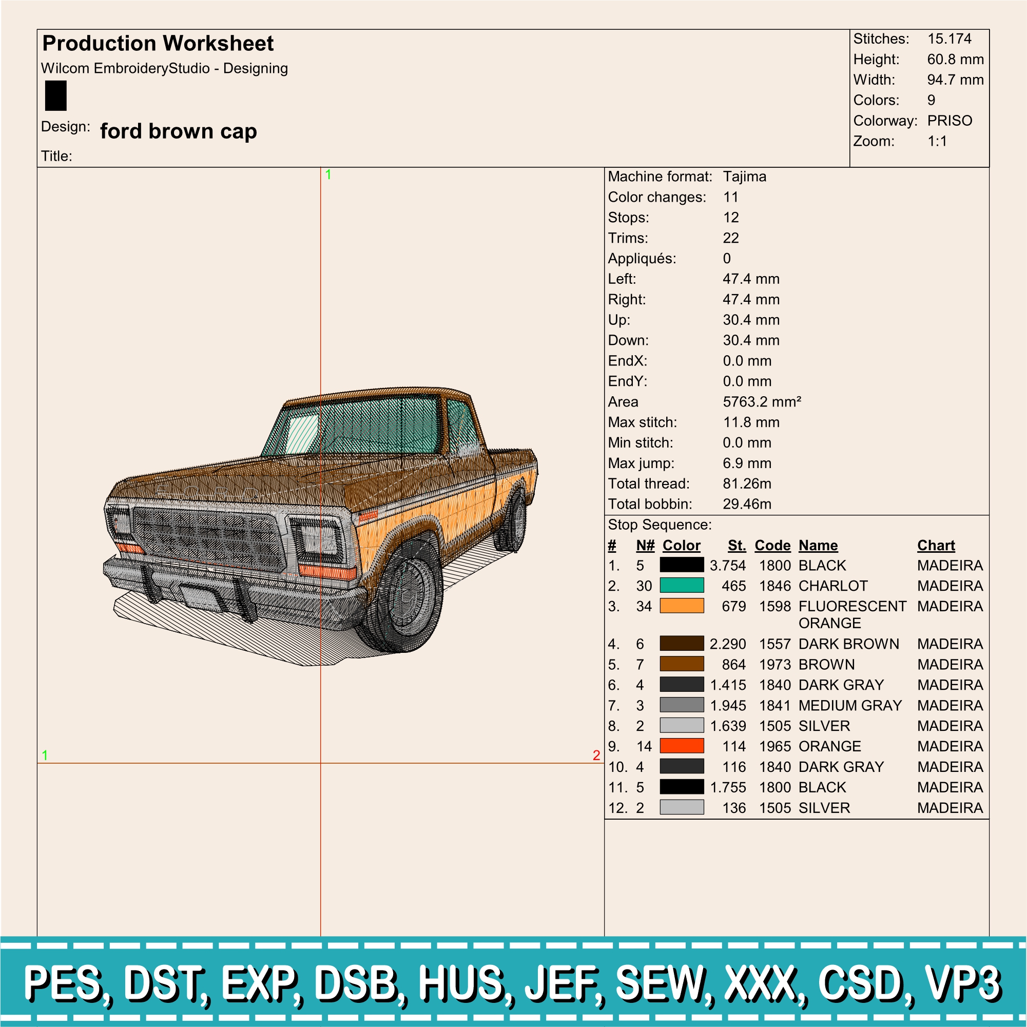 Embroidery Design / Old brown Ford pickup truck / INSTANT Download / Car Design / Embroidery file has been tested - Image 2