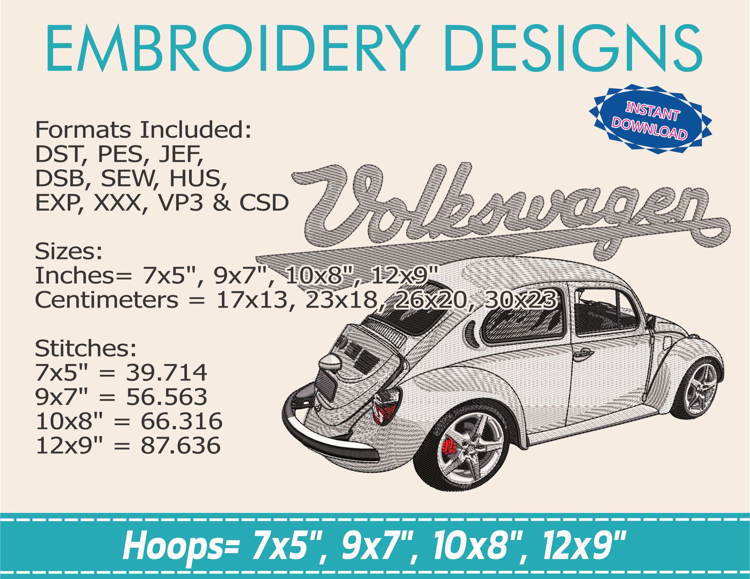 Embroidery Design / Volkswagen / volkswagen beetle / 4 Different Sizes / INSTANT Download / Car Design / Embroidery file has been tested - Image 2