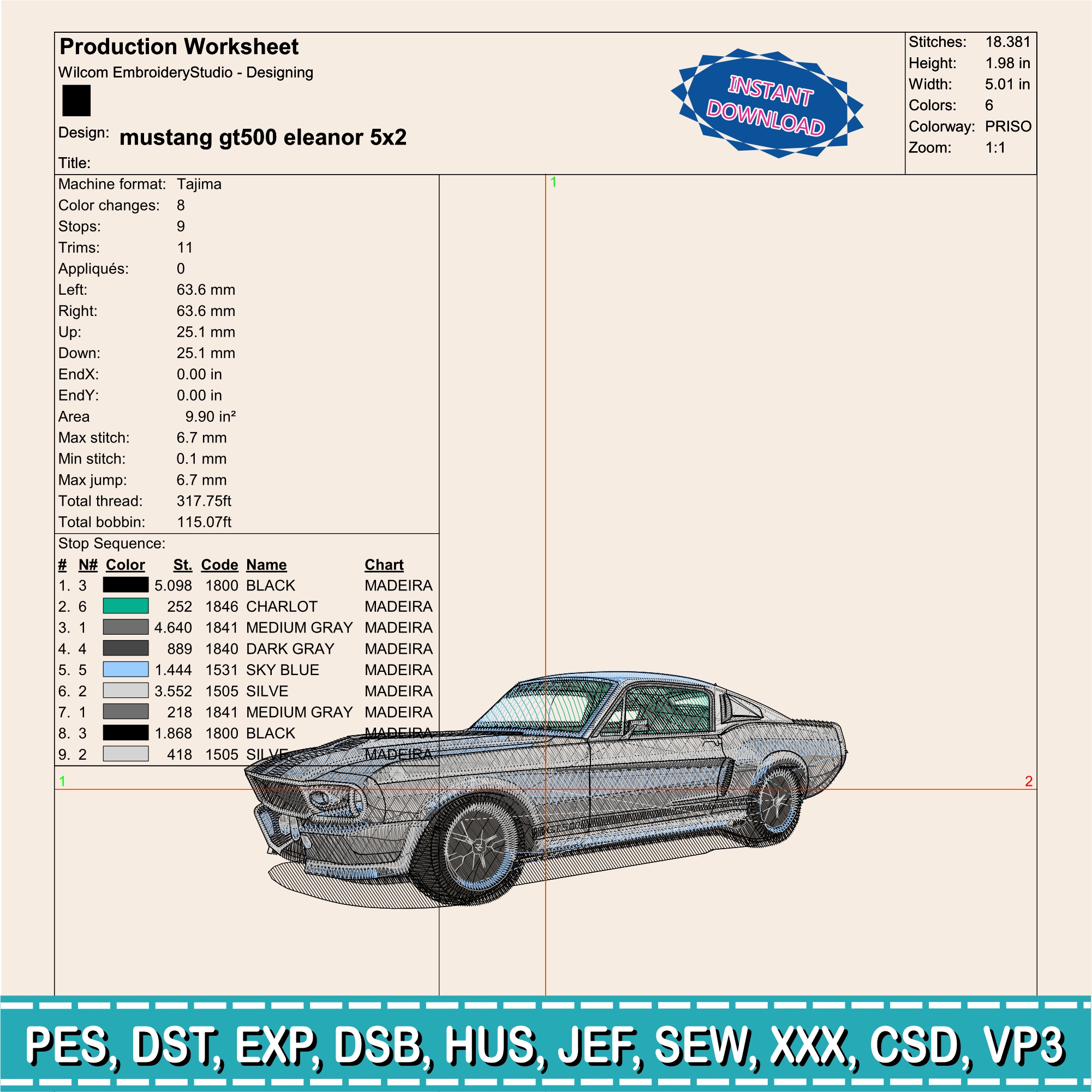 Embroidery Design / mustang gt500 eleanor / 5 Different Sizes / INSTANT Download / Car Design / Embroidery file has been tested - Image 4