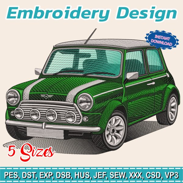 Mini Cooper Embroidery Design | Classic British Car Machine Embroidery File | Realistic Auto Stitch | Vintage Vehicle Download