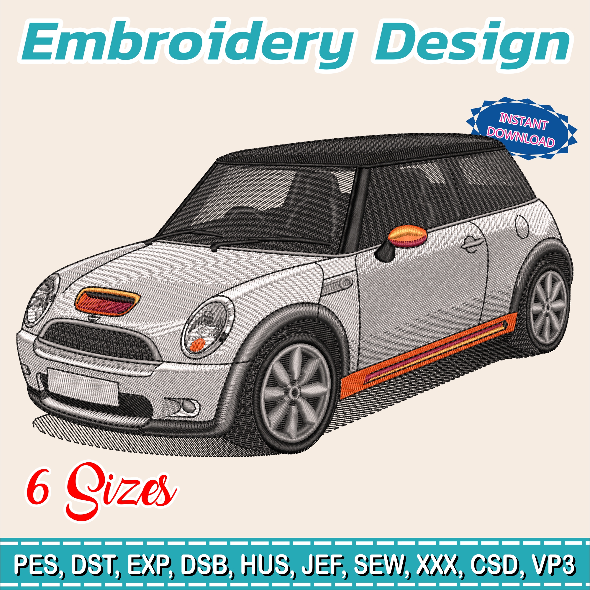Mini Cooper Embroidery Design | Classic Car Machine Embroidery File | Realistic Auto Stitch Art | Digital Instant Download