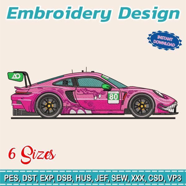 Pink Porsche Race Car Embroidery | Sport Car Embroidery File | Realistic Stitch Art Design | Digital Machine Embroidery Pattern