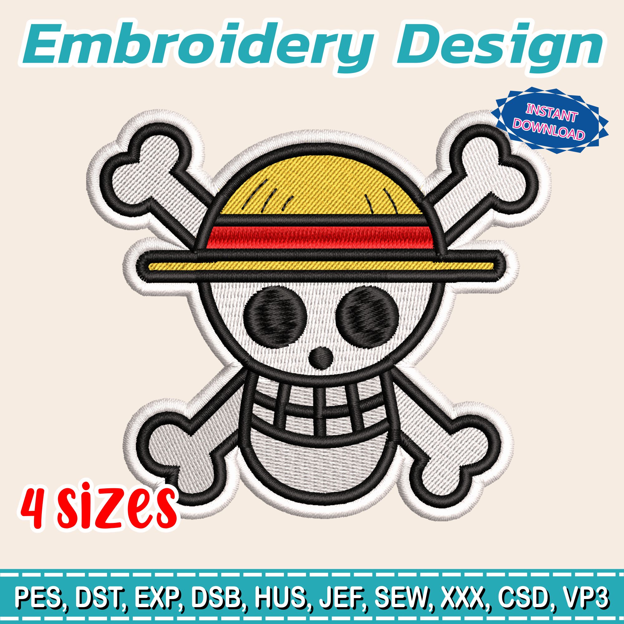 Luffy Skull Embroidery Design | Anime Machine Embroidery File | One Piece Inspired | Instant Download